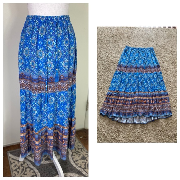 Ava Christine women Blue multi bohemian gypsy pull on Patterned midi Skirt Sz L - Picture 1 of 9